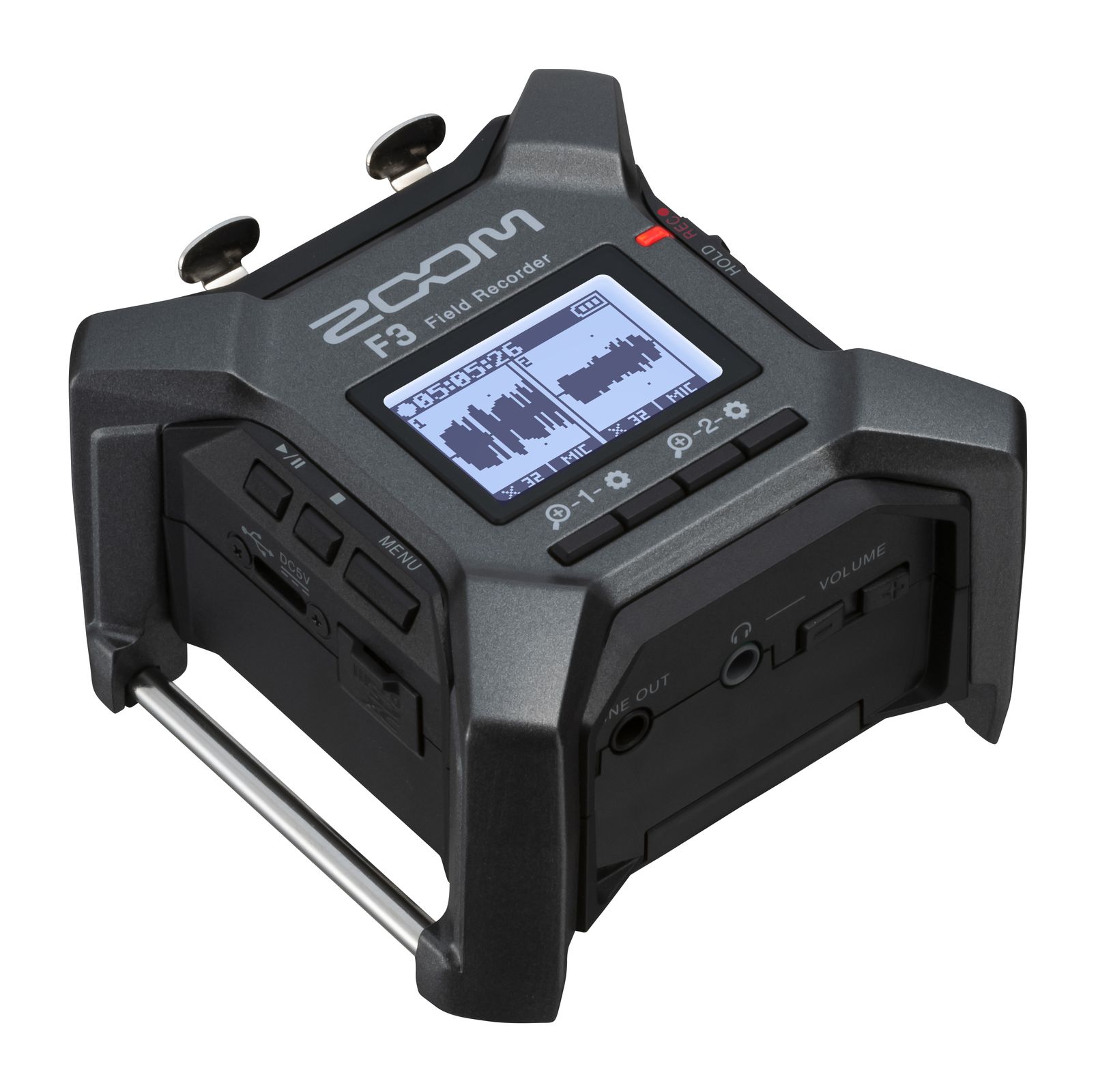 Zoom F3 32-bit float audio recorder.