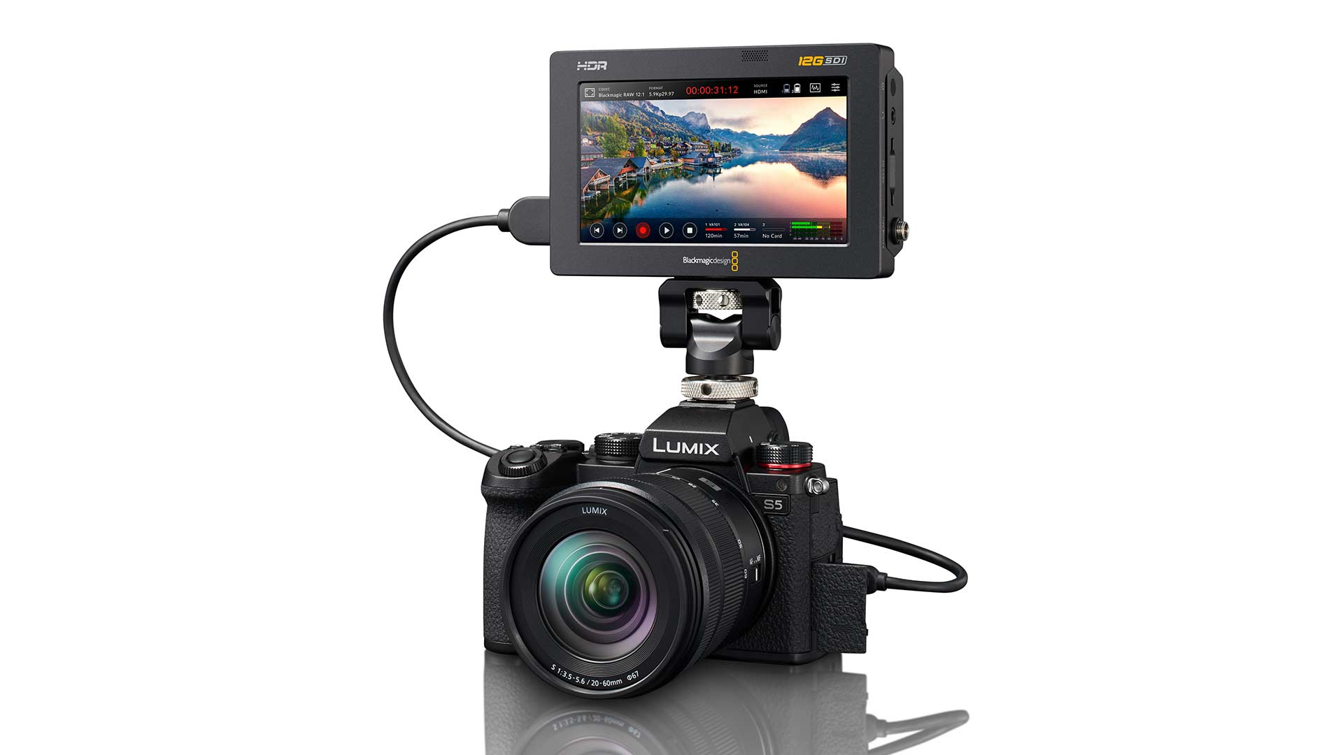 The Panasonic Lumix S5 with a Blackmagic Design Video Assist 12G HDR monitor/recorder. Image: Panasonic.